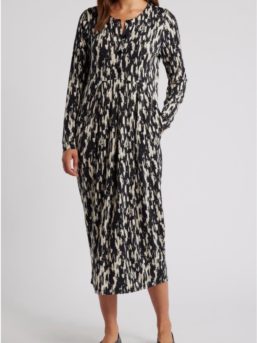 Masai Copenhagen Nilana Print Black And Cream Printed Long-Sleeve Midi Dress